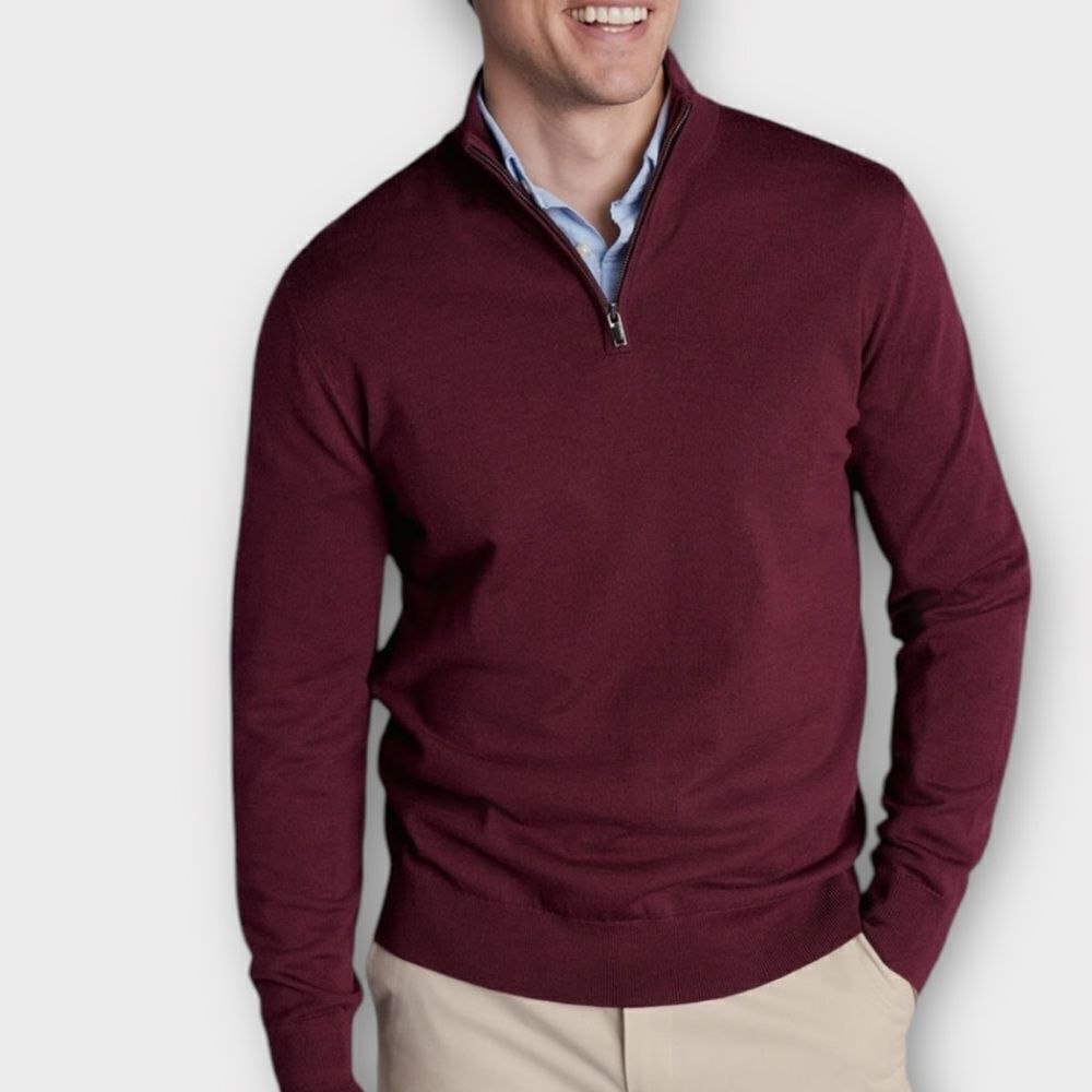 NWOT Kenneth Roberts Platinum Quarter Zip Sweater Wool Lightweight Burgundy XL